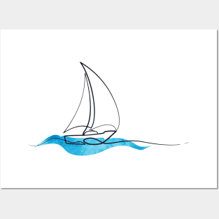 Hydro Flask sticker - ocean blue watercolor wave and sailboat | Line art Posters and Art